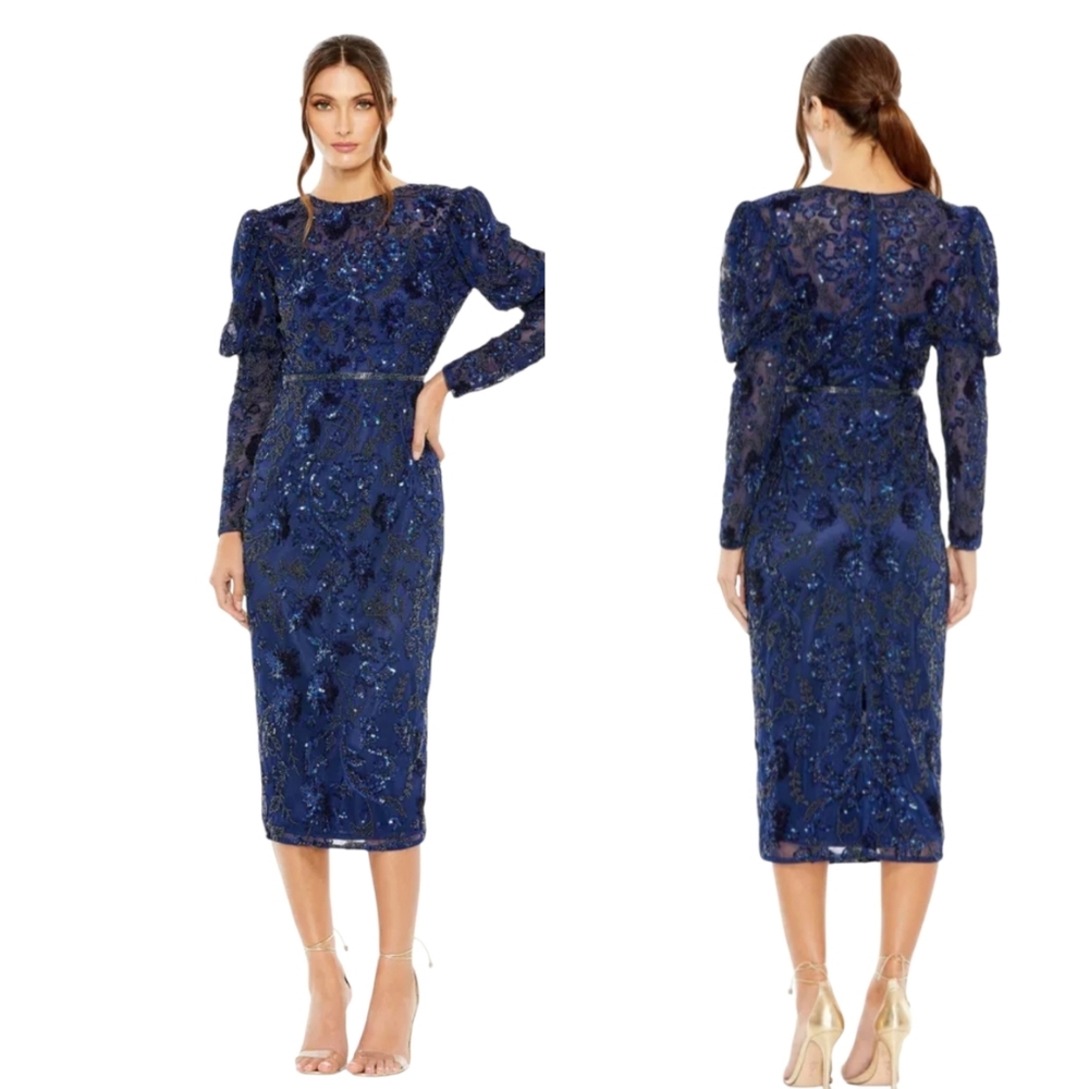 Mac Duggal 5590 Embellished Puff Sleeve Dress Midnight Blue Size 14 NWT